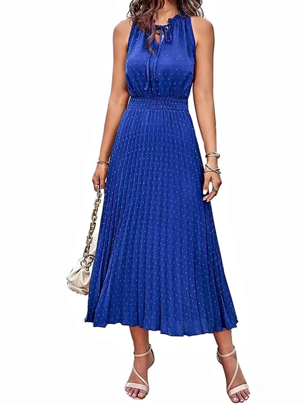 Pretty Garden Pleated Midi Dress in Blue Like New